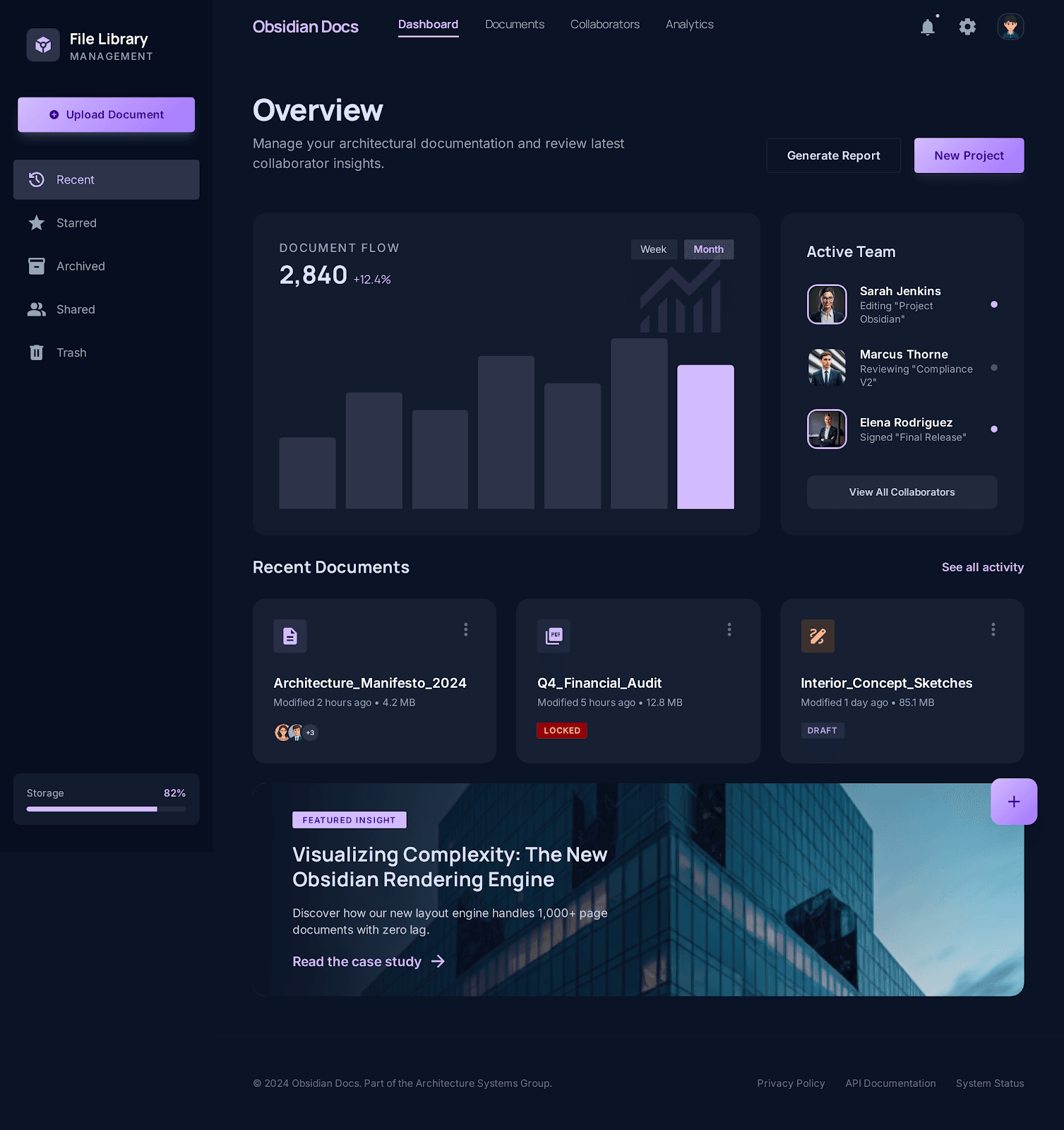 A premium dashboard overview with an obsidian dark interface and document activity insights.