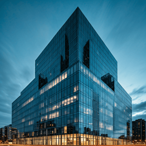 A glass skyscraper reflecting deep blue twilight tones with crisp architectural lines.