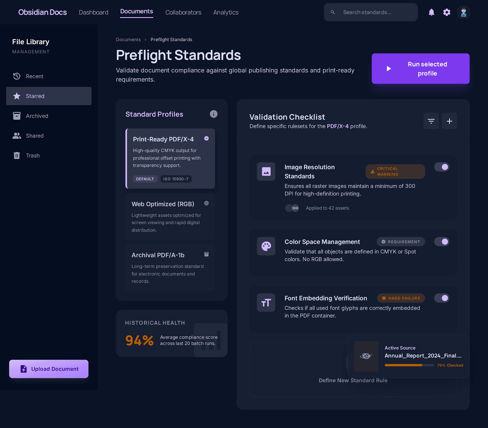 A preflight standards workspace with profile cards, validation rules, and a run action.