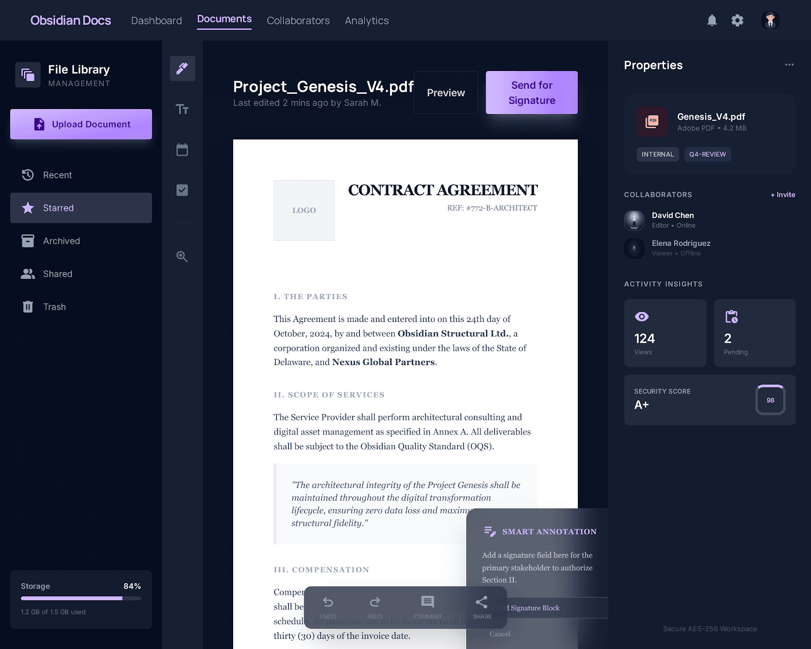 A premium PDF editor workspace with a centered document canvas and a right-side inspector.